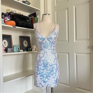 Windsor White Mini Dress with Iridescent Blue Sequin Scrolls